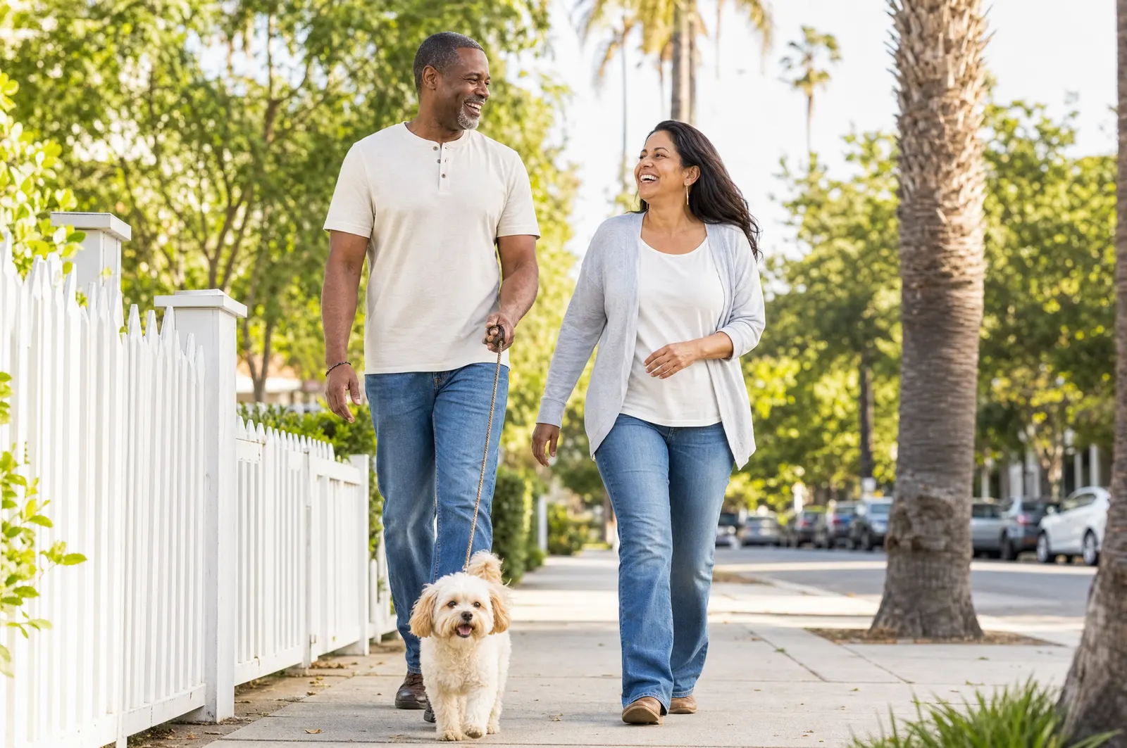 Happy couple walking their dog pain-free on a sunny Arcadia sidewalk