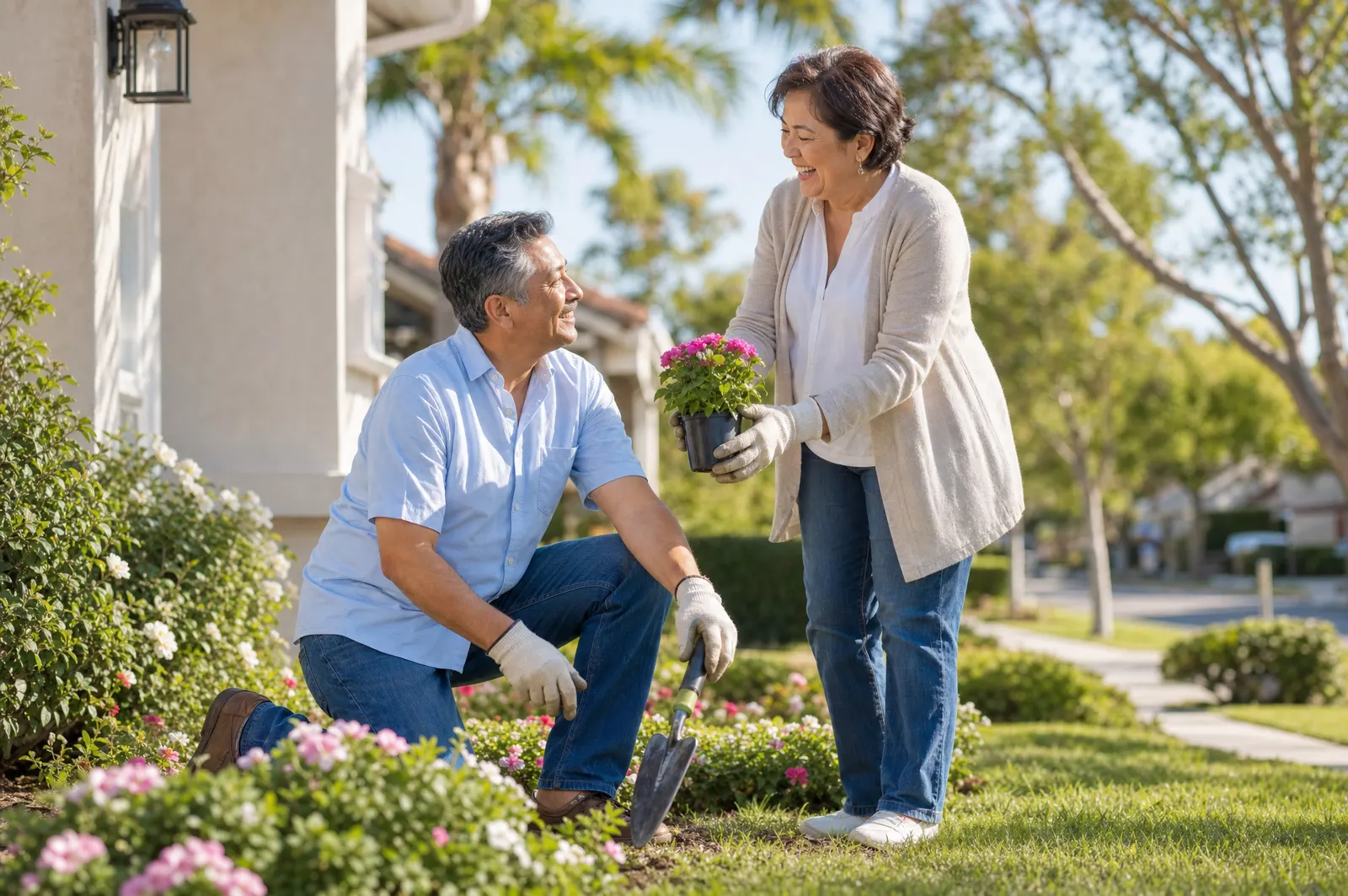 Pareja trabajando cómodamente en su jardín en Arcadia, sin dolor