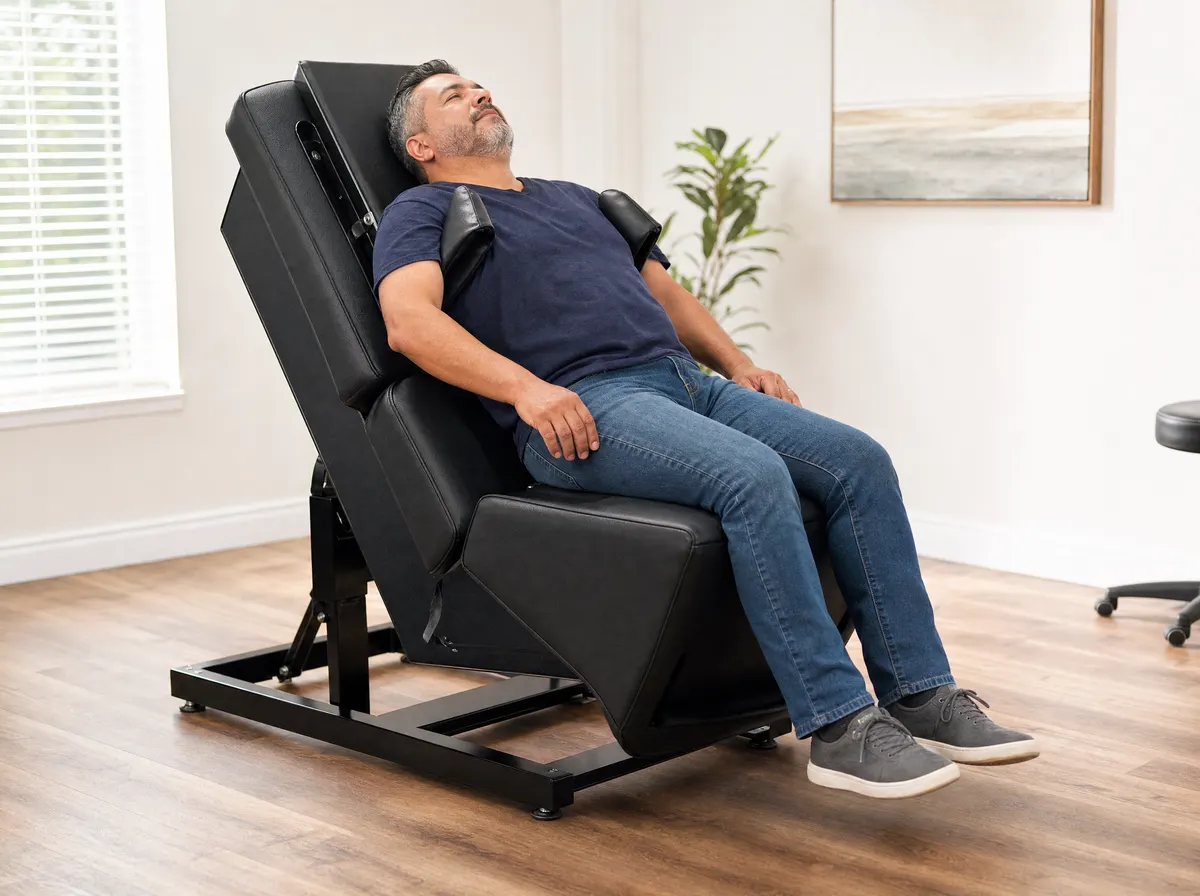 Patient seated comfortably in the Back on Trac spinal decompression chair at Caldero Chiropractic